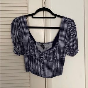 Blue and white checkered peasant crop top
